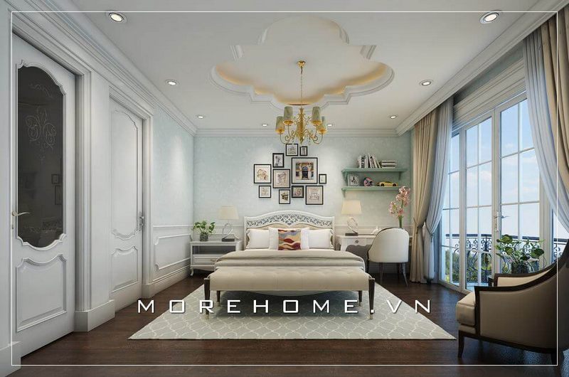 Thiết kế nội thất giường ngủ biệt thự phong cách tân cổ điển, sang trọng